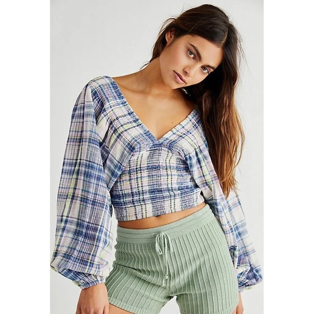 Free People Women's Marlena Plaid Top V Neck Smocked Cropped Blouse Blue/Pink-S